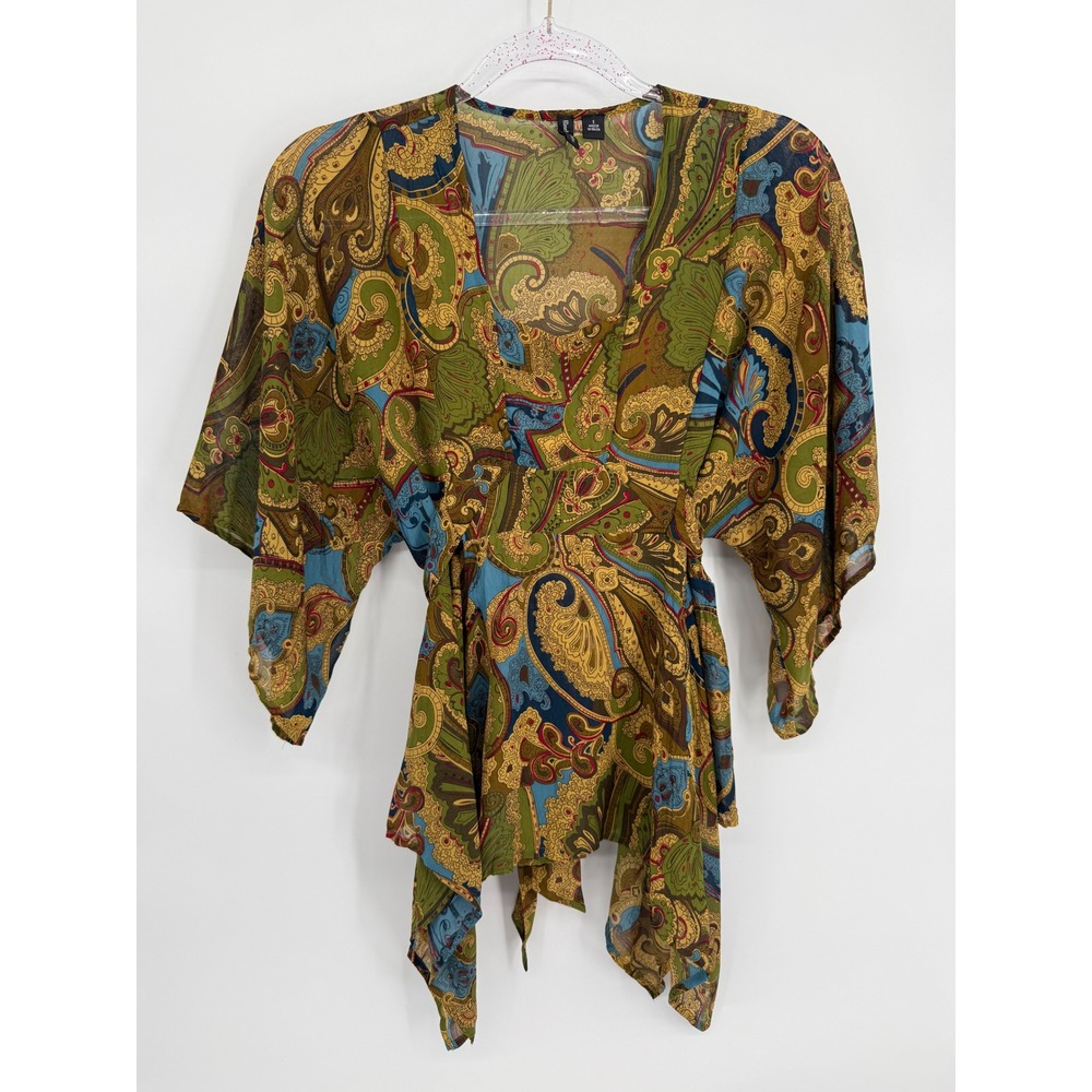 Essentials By Milano Womens Paisley Kimono Wrap Top Boho Green Handkerchief Sz S